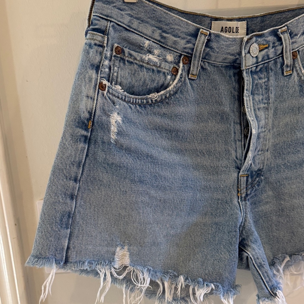 Agolde Light Blue Distressed High-Rise Denim Shorts - Picture 5 of 8